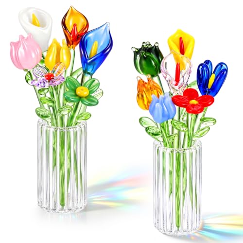 Fiwochic 14 Pcs Miniature Glass Flower Leave and Vase Set, Style 12