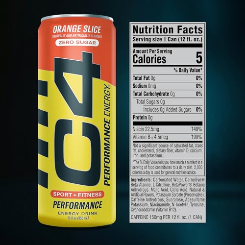 Image of C4 Performance Energy Drink | Zero Sugar Carbonated Preworkout Energy | 150mg Caffeine with Beta Alanine | Orange Slice | 12 Fl Oz (12 Pack)