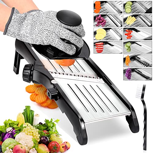 oneida slicer - ZNM Mandoline Slicer for Kitchen - Adjustable Stainless Steel Vegetable Slicer, French Fry Cutter with Waffle Maker for Food, Cheese, Fruits, Potato Julienne, Send Brush and Cut-Resistant Gloves