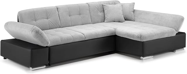 Honeypot - Sofa - Malvi Corner Sofa Bed with Storage - Leather and Fabric - Cushions Included (Right Hand Corner, Black/Grey)