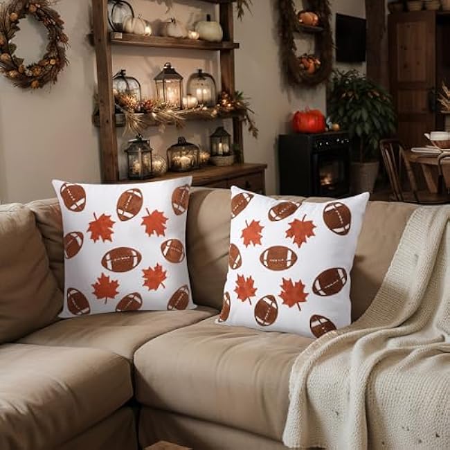 2 Packs Fall Football Embroidered Pillow Covers 18 x 18 Inch Autumn Maple Leaf Rugby Decorative Throw Pillow Covers Brown Farmhouse Pillowcases for Thanksgiving Sofa Bed Home Party Supplies Gifts