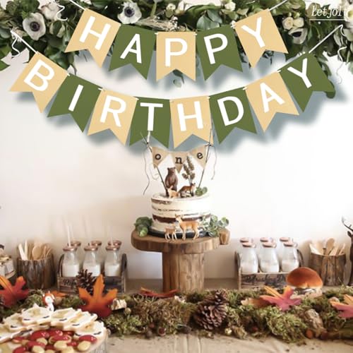 Image of Letjolt Brown Green Happy Birthday Banner Greenery Theme 13pcs