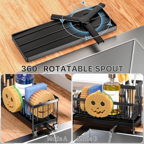 Image of Cisily Sponge Holder for Kitchen Sink, Sink Caddy Organizer with High Brush Holder, Kitchen Countertop Organizers and Storage Essentials, Rustproof 304 Stainless Steel (Black with Smiley Face, 9.25″)