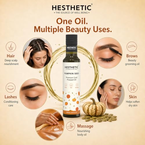 Image of HESTHETIC Cold Pressed Pumpkin Seed Oil 250ml for Hair, Scalp & Skin | Unrefined Virgin Beauty Oil Rich in Zinc & Plant Omega-6 | Glass Bottle | Hair-Thickening Scalp Massage