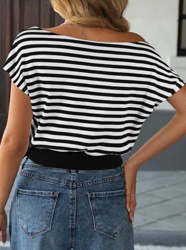 Image of SOFIA'S CHOICE One Shoulder Striped Shirt Women Crop Top Dolman Short Sleeve Asymmetrical Cinched Waist Tops Black White Large