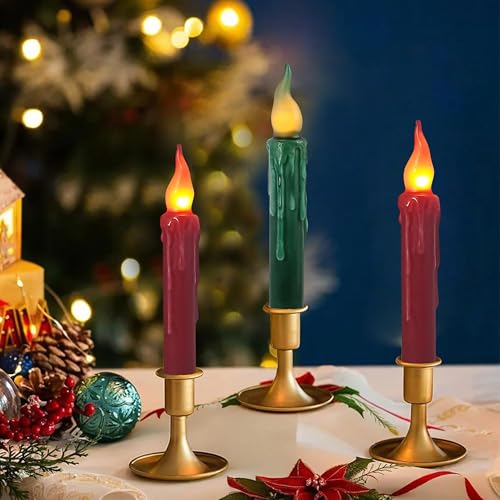 Image of Real Wax LED Flameless Christmas Short Taper Candles with Remote, 6.7 Inches Red Candlesticks, Dripless Battery Operated Flame Rustic Primitive Flameless Lights Holiday Decor, Pack of 2
