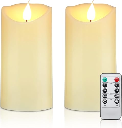 Juego de 2 velas parpadeantes sin llama, funciona con pilas, velas LED con control remoto y temporizador