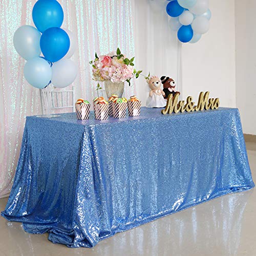 Image of B-COOL Baby Shower Table Cloth 90x132 Inch Sequin Tablecloth Glitter Overlays Baby Blue Sparkly Glam Wedding Decor Shimmer Mermaid Theme Party Decor
