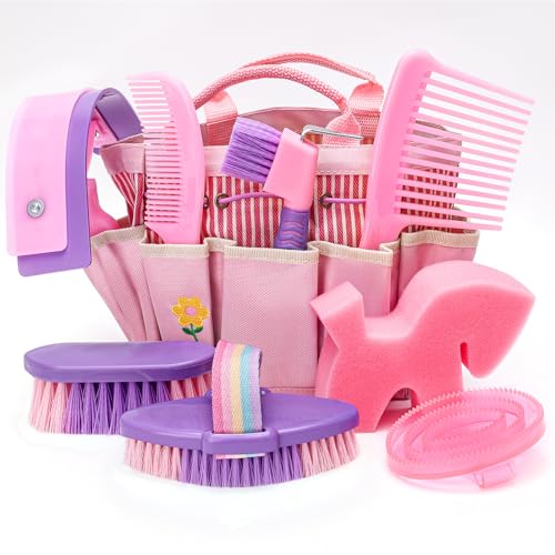 9PCS Horse Grooming Brushes Kit with Tote Bag Tools for Care Massage Groom