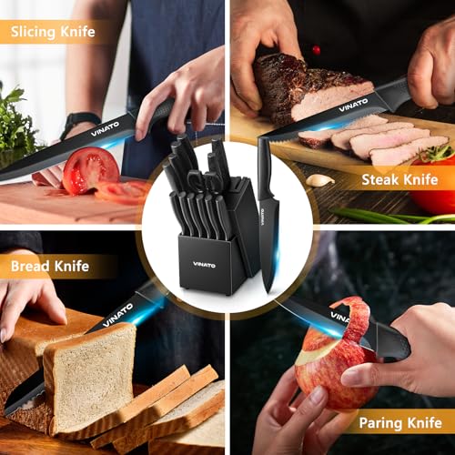 VINATO Set Coltelli da Cucina, Coltello da Cucina 14 Pezzi con Affilatore, Coltelli Professionali da Cucina da Chef, Set Coltelli da Cucina in Acciaio Inox con Manico in Plastica e Ceppo in Legno - immagine 4