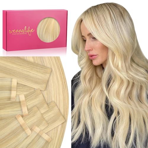 Image of WENNALIFE Invisi Edge Tape in Hair Extensions Human Hair,#16 /22,20 Inch | 20 Inch 100g 40pcs (Invisi Edge & Classic) Light Blonde Highlighted Golden Blonde Invisi Injected Remy Hair Seamless