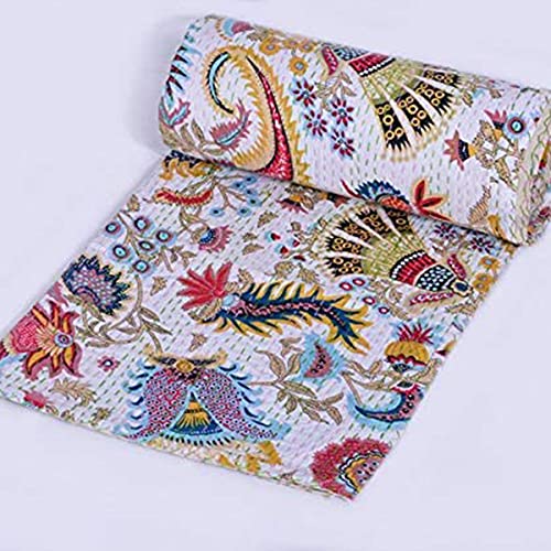 YUVANCRAFTS Indian Vintage Floral Print Twin Kantha Quilt Traditional Mandala Print Kantha Quilt Bedspreads Throw Blanket