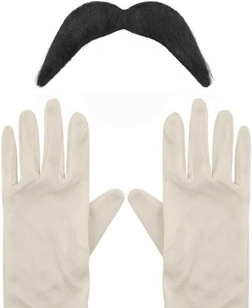 Adult Unisex Super Plumber Fancy Dress Costume Kit ~ White Gloves + Black Moustache - Carnival Cosplay Party Character Games Decoration Party Dress Up