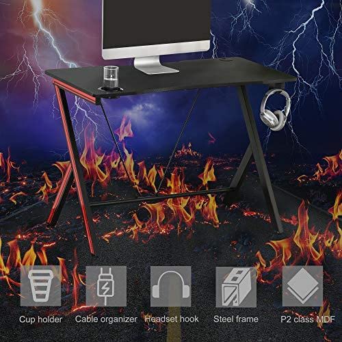Homcom 47 Inch Gaming Computer Desk, Home Office Gamer Table Workstation With Cup Holder, Headphone Hook, Cable Management, Carbon Fiber Surface #TOP4