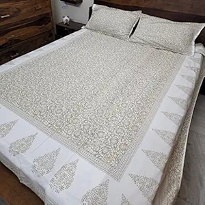 Shlokas Collective Aabaad Pure Cotton Handmade, Artisanal Kingsize Double Bedsheet, 2 Pillow Covers Free, Floral with White Undertones (Sand Beige)