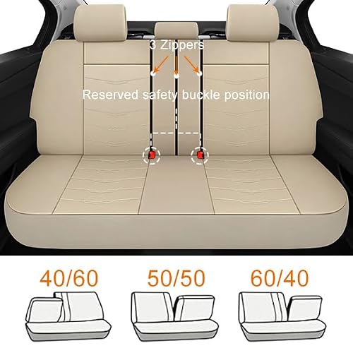 CAROMOP Premium PU Leather Car Seat Covers Full Set,Waterproof Split Bench Covers for Cars, Universal Car Interior Covers Seat Protectors for Sedans SUVs Pick-up Trucks(Beige) - Thumbnail 5