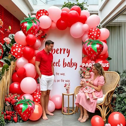 Image of Strawberry Balloon Arch Kit Double Stuffed, Pastel Red Baby Pink Coral Balloon Garland with 18in Strawberry Foil for Berry First Birthday Baby Shower Sweet Mothers Day Wedding Party