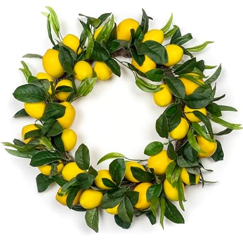 WsCrofts Lemon Wreath - Yellow Lemon with Artificial Green Leaves Wreath for Home Holiday Front Door Decor (20inch) Cover