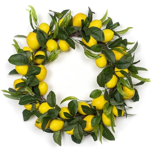 WsCrofts Lemon Wreath - Yellow Lemon with Artificial Green Leaves Wreath for Home Holiday Front Door Decor (20inch)