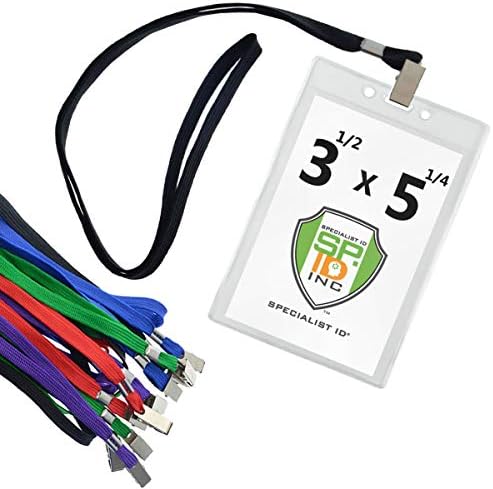 10 Pack - Clear Vertical Large Credential ID Badge Holders (3 1/2 x 5 1/4) with Premium Quality Bulldog Clip Lanyards for VIP, Press Pass & More by Specialist ID (4x6 Outside) (Assorted Colors)