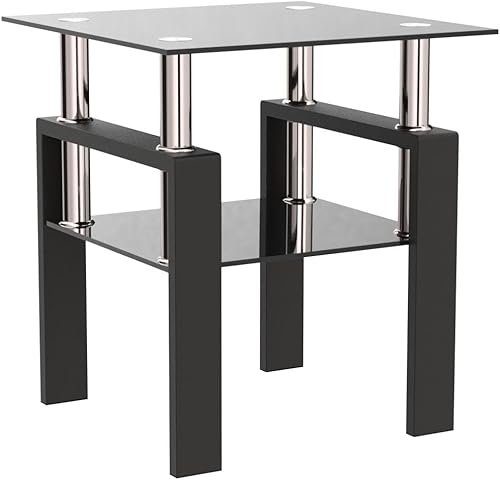 Miniatura 4 de Mesa auxiliar de cristal de 2 niveles moderna con parte superior de cristal, mesa auxiliar para sala de estar con patas de metal para sala de estar,