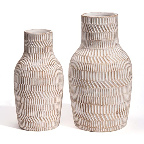 TERESA'S COLLECTIONS Jarrón rústico de cerámica para decoración del hogar, jarrones Decorativos Grandes de Granja con Esmalte Crema para Mesa, Chimenea, decoración de Sala de Estar, Juego de 2