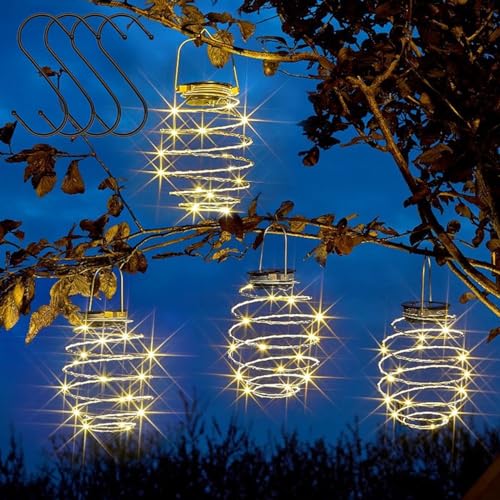 4pcs Solar Light Spiral LED Lanterns, Solar Garden Lights Outdoor Decorative Hanging Lights with 4pcs Hook Waterproof LED Lanterns for Party, Garden Wedding, Porch Decor (Spiral Light