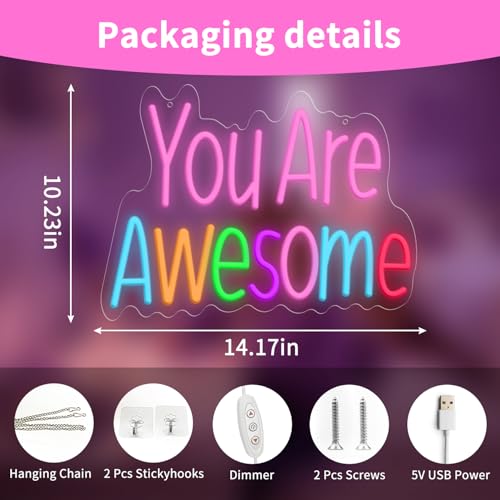 You Are Awesome Neon Sign, Dimmable LED Neon Signs for Wall Decor, USB Powered Neon Light Sign Wall Art for Bedroom Christmas Party Classroom, Postive Aesthetic Decoration 14.17 x 10.24" — view 3