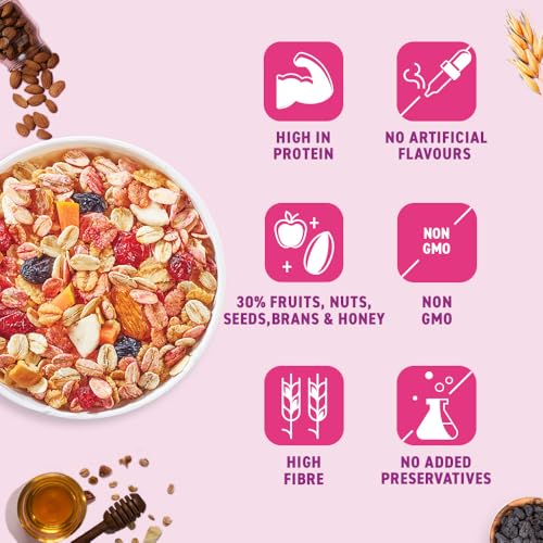 Image of Bagrry's Crunchy Fruit & Nut Muesli with 30% Real Fruits, Nuts & Seeds- 750G | 16 Real & Freeze Dried Fruits, Nuts, Seeds & Berries Muesli | No Candy | 38% High Fibre Oats, No Cornflakes | Fibre & Protein Rich Breakfast Cereal