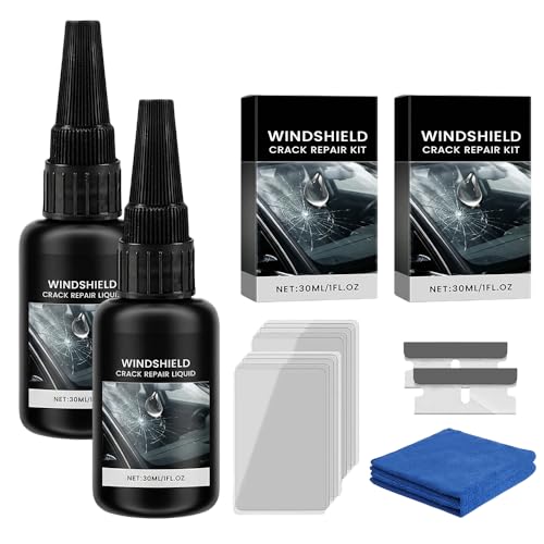 Windshield Crack Repair Kit, 2026 New Advanced Formula Quick Fix with 30ml Glass Repair Liquid 1 Towel 1 Blade 5 Curing Films, Universal Cracks Gone Glass Repair Kit (2 Pack)