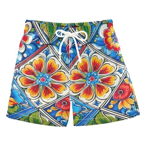 FLildon Mexican Floral Ceramic Tile Boys Swim Trunks with Mesh Lining Quick Dry Beach Board Shorts, 4T