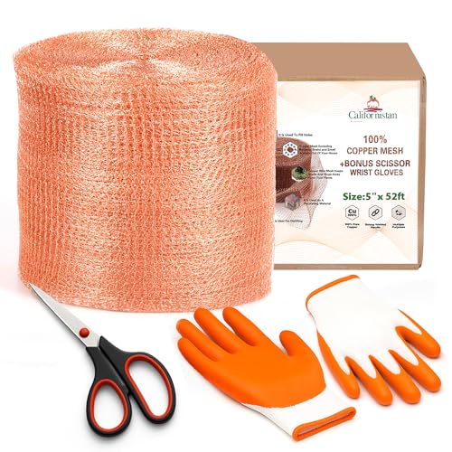 copper mesh rodent control 5in x 36ft- rustproof copper mesh roll for rodent bat amp snail - perfect for hole blocking gardening amp sealing water opening - plus bonus scissor amp gloves