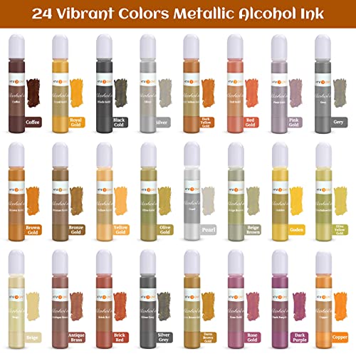 Htvront Metallic Alcohol Ink Set - 24 Vibrant Metal Colors Alcohol-Based Inks, Concentrated Shimmer & Easy To Mix Metallic Alcohol Ink For Epoxy Resin, Yupo, Painting, Tumbler Cups - 10Ml/0.35Oz Each #TOP3