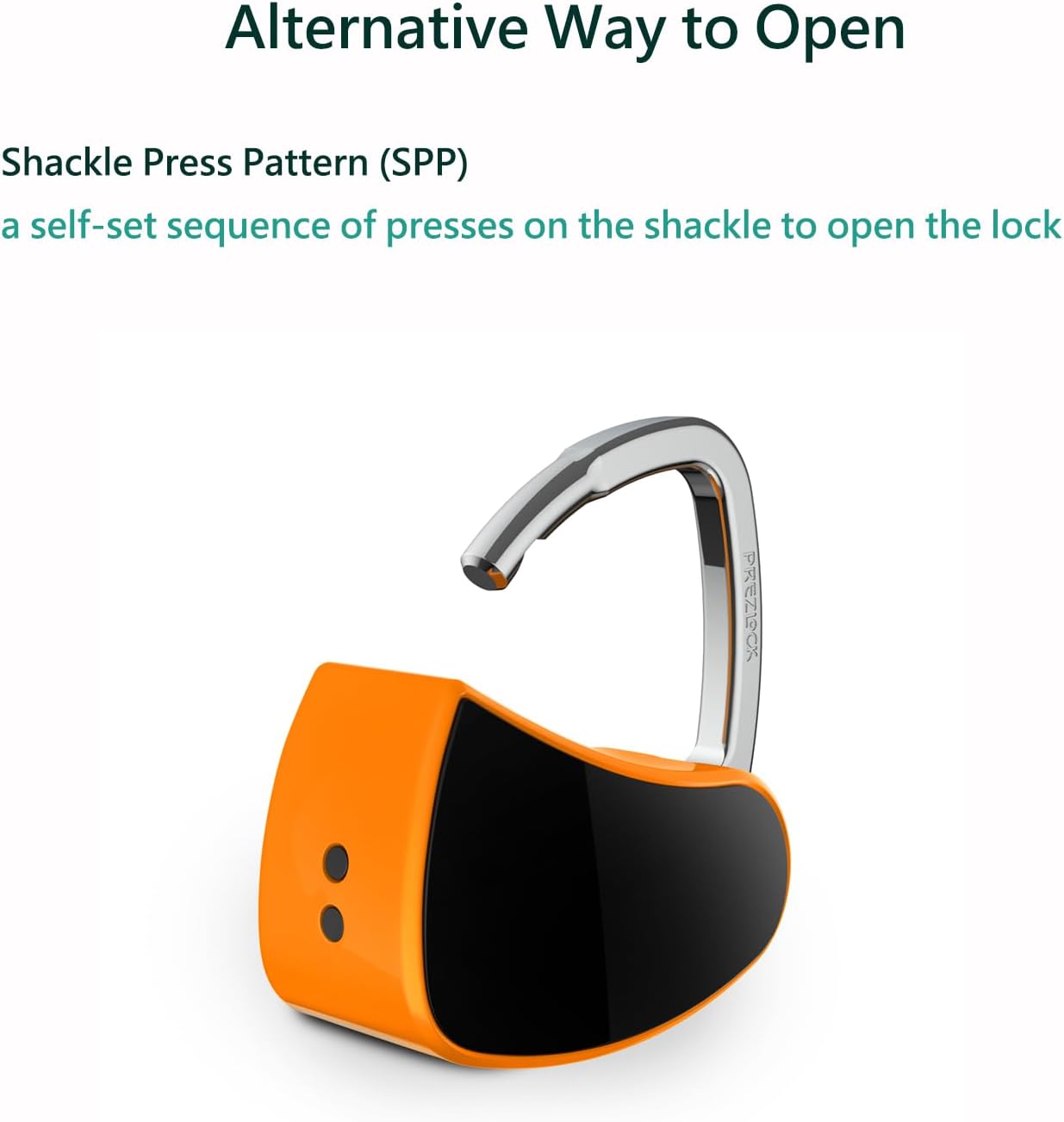 Prezlock padlock with shackle open, illustrating the Shackle Press Pattern feature.