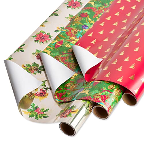 Papyrus Christmas Wrapping Paper Rolls, Poinsettias, Christmas Tidings, Red + Gold Trees (3 Rolls, 65 sq. ft.) by Papyrus - Used condition - CA$6.89