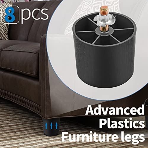 Image of 2 inch Plastic Furniture Legs, Round Tapered Table Legs Black Sofa Legs Replacement Legs with M8 Hanger Bolts for Couch Table Sofa, Pack of 8