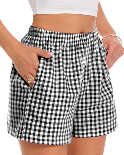 Image of Women Boxer Shorts Summer Gingham Pj Casual Plaid Bottoms with Pocket