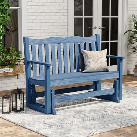 Stoog Patio Glider, All-Weather HIPS 2 Person Outdoor Glider Bench with 800 lbs Weight Capacity, Never Fade or Rot, Swinging Bench for Outside Porch Backyard, Blue Cover