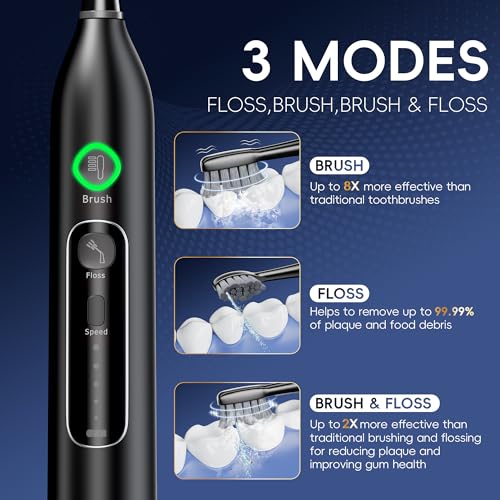 OILSAO Electric Toothbrush with Water Flosser 3 in 1, Sonic Flossing Toothbrush with 3 Modes & 5 Speeds, 4 Brush Heads, Portable for Travel, for Adults Teeth Cleaning and Plaque Removal,Black — view 2