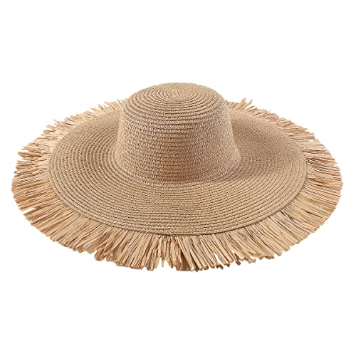Fashionable Bohemian Summer Outdoor Tassel Large Brim Sunshade Hat Leisure Vacation Woven Fur Brim Straw Hat for Women Brown