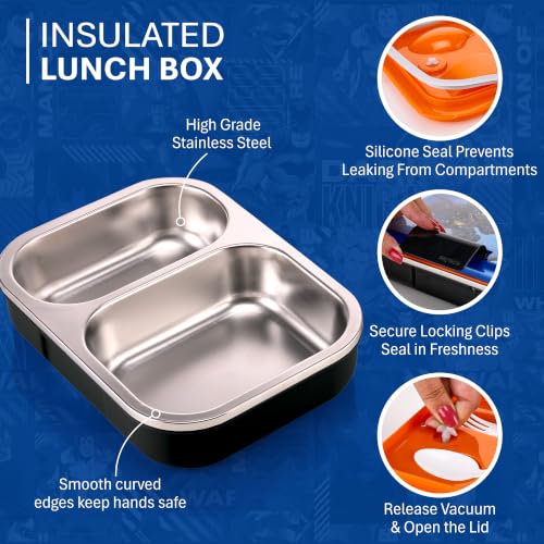 Image of Nayasa Marco Batman Print 2 Compartment Stainless Steel Insulated Lunch Box for Kids Boys | Vacuum Sealed Leak Proof Tiffin Box | 650 ml | Black & Blue