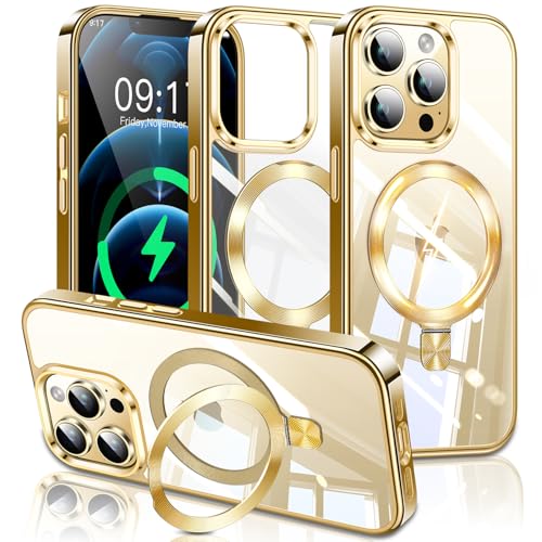 Image of ESTPEAK Titanium Gold CD Mag-Stand Case for iPhone 12 Pro Max Case with Invisible Magnetic Ring, [Fit for MagSafe] [Never Yellowing] Top Clear Phone Case Cover for iPhone 12 Promax 6.7 inch