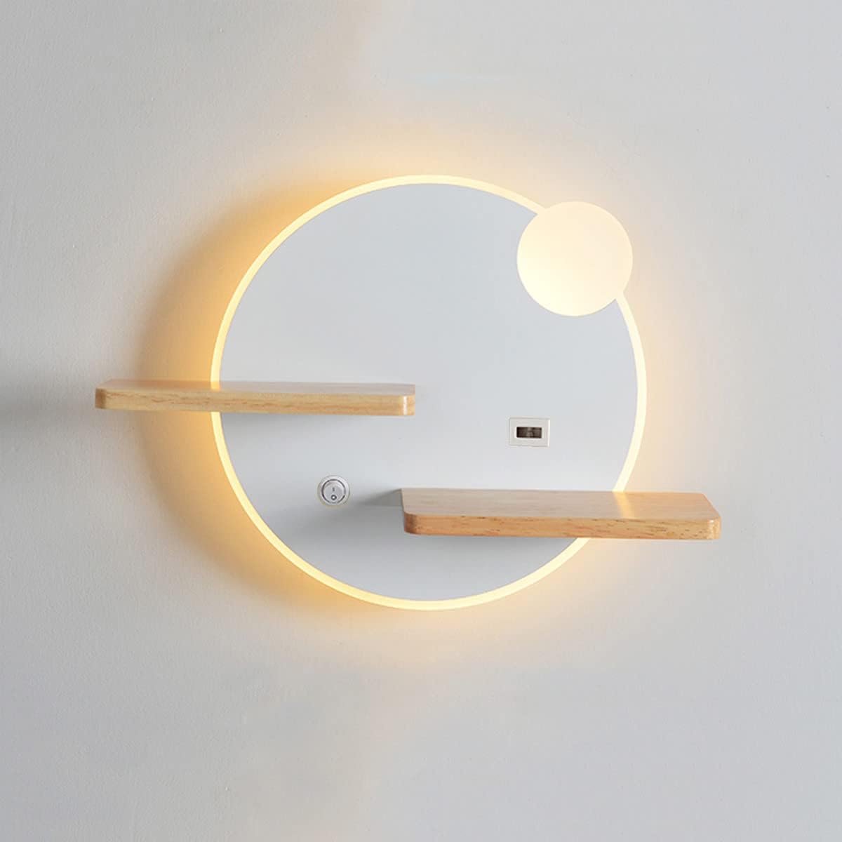 Modern LED with Wooden Shelve | Indoor Wall Mount Reading Light with Switch & USB Charging Port | Decor Lighting Wall Lights for Bedroom Hotel 3000K Warm White