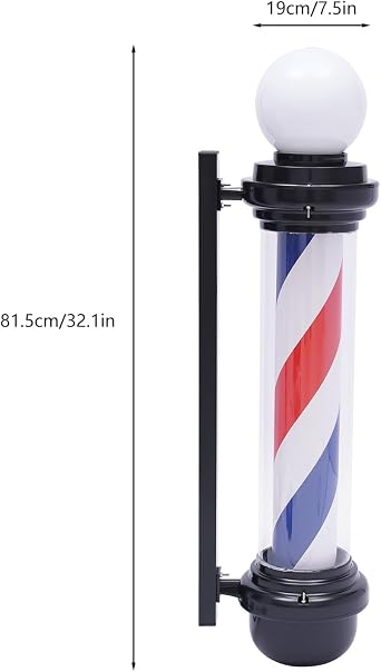 32Inch Barber Pole Red White Blue Stripes with LED Light,Traditional Barber Pole Outside Barber Shop Rotating Light