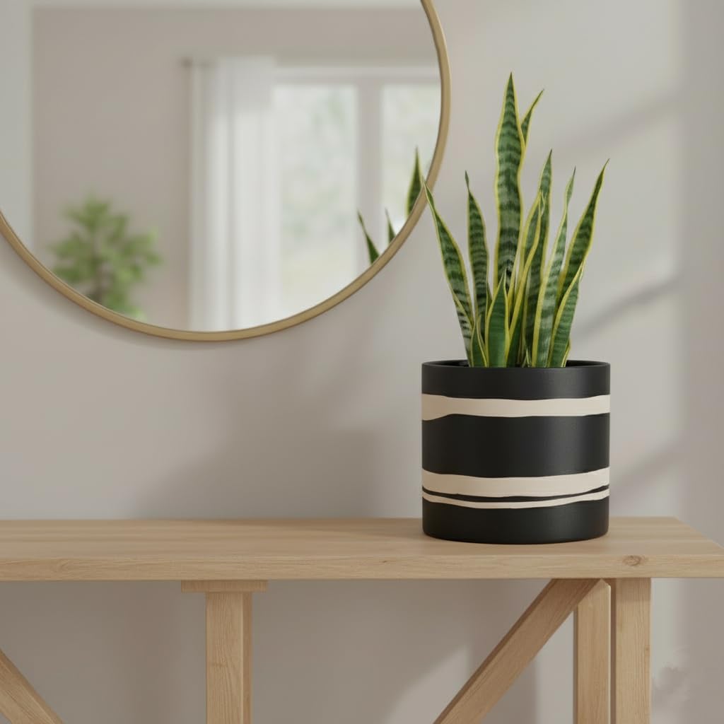 Nihow Modern Ceramic Plant Pot - 5 + 7 Inch Flower Pot for All Indoor Plants - Sturdy Planter Pots with Drainage Hole & Rubber Plugs - Semi-Matte Black & Nature - Plants Not Included