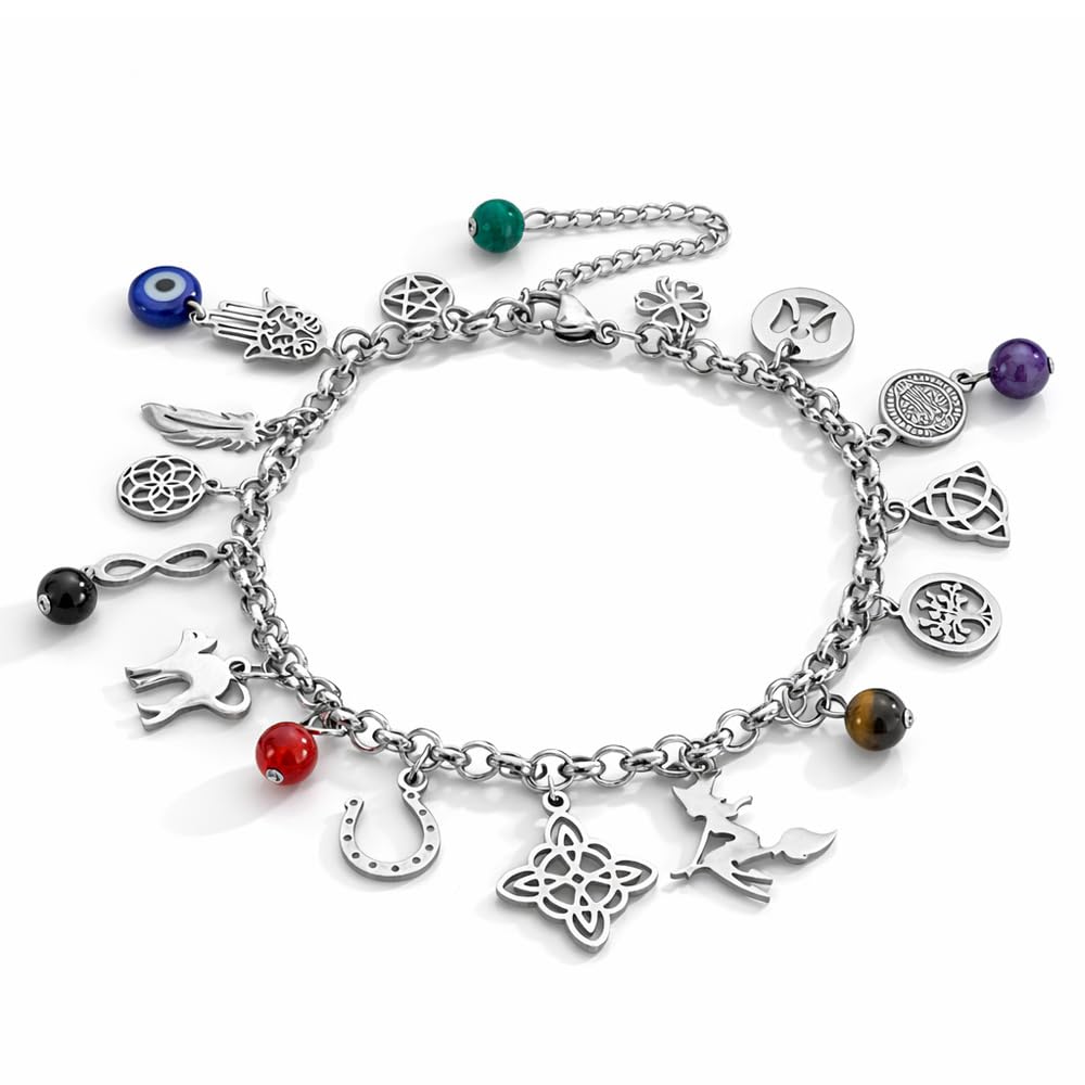 Simboliks Pulsera con Amuletos de acero inoxidable, protección contra el mal de ojo y hechizos, Buena suerte, Brazalete de Bruja, Amuleto de Brujas, Talismán, Protegida contra todo mal