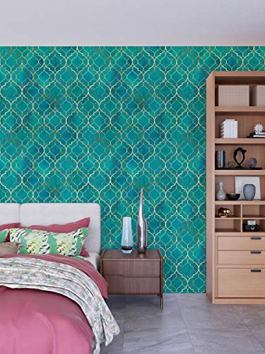 Image of DWELLSINDIA Green Moroccan Tile Wallpaper for Wall Decoration | Self Adhesive Peel & Stick, Thick Textured Premium Paper | Waterproof, Scratch Resistant | Living Room & Dining Room | 41 x 244 cm