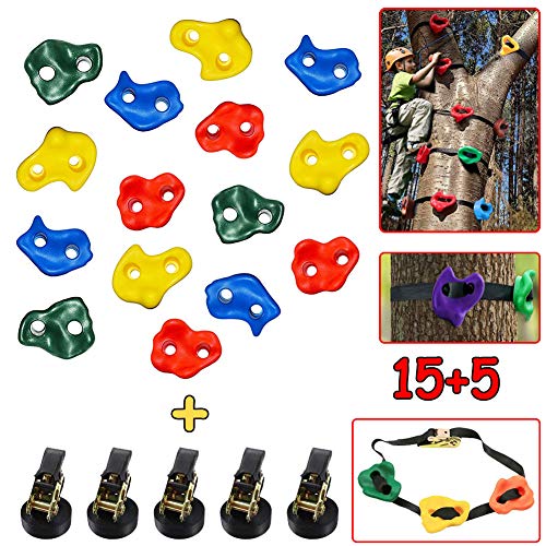 DFGENLY Presas de Escalada para Árboles, Material de Escalada Niños con 15 Agarres De Escalada y 5 Correas de Trinquete, Jardín Entrenamiento de Obstáculos para Niños Mayores de 5 Años