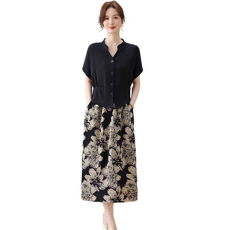 Ensemble fleuri d'été femme jupe midi et chemise manches courtes grande taille