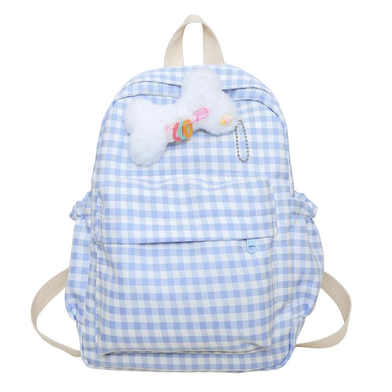 Cute Plaid Backpack for Women - 90s Grunge Aesthetic Trendy Daypack Checkerboard Travel Backpack Fashion Bookbag (Blue)